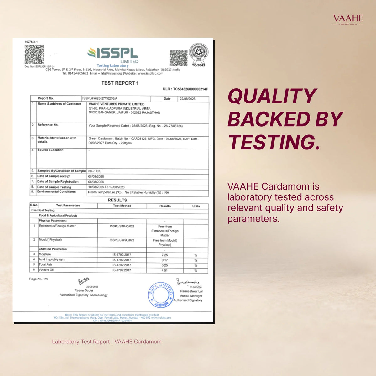 VAAHE Cardamom is laboratory tested across relevant quality and safety parameters