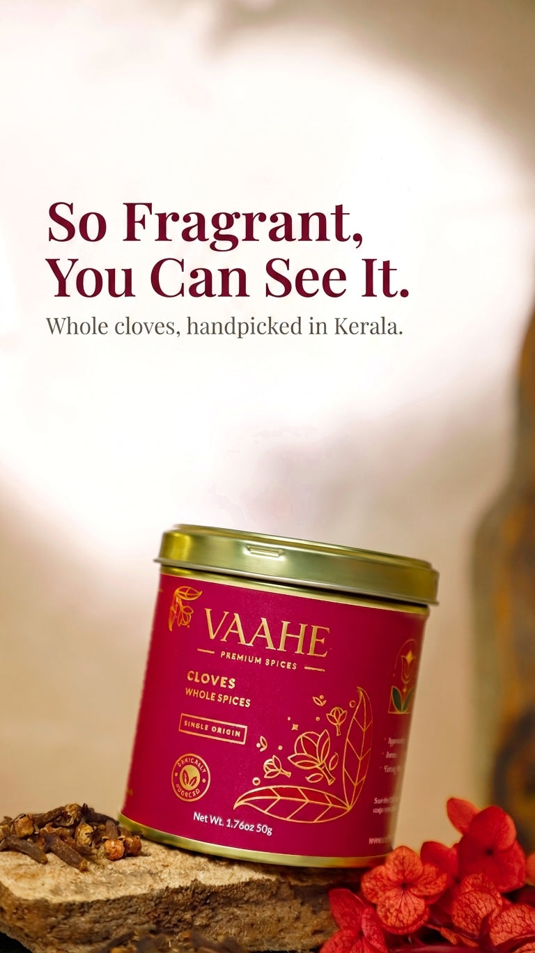 A tin of VAAHE whole cloves spices displayed on a rustic stone slab with cloves and red flowers. The background is a warm, softly lit beige with text reading 'So Fragrant, You Can See It.
